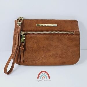 Steve Madden Charger Wristlet Zip Pouch Cognac Brown